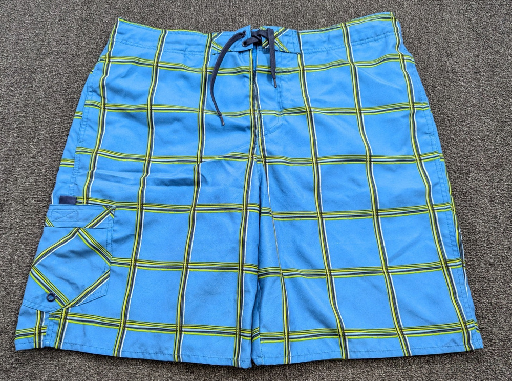 Bass Pro Shop Mens Blue & Green Plaid Lined Swim Trunks Board Shorts Size XL
